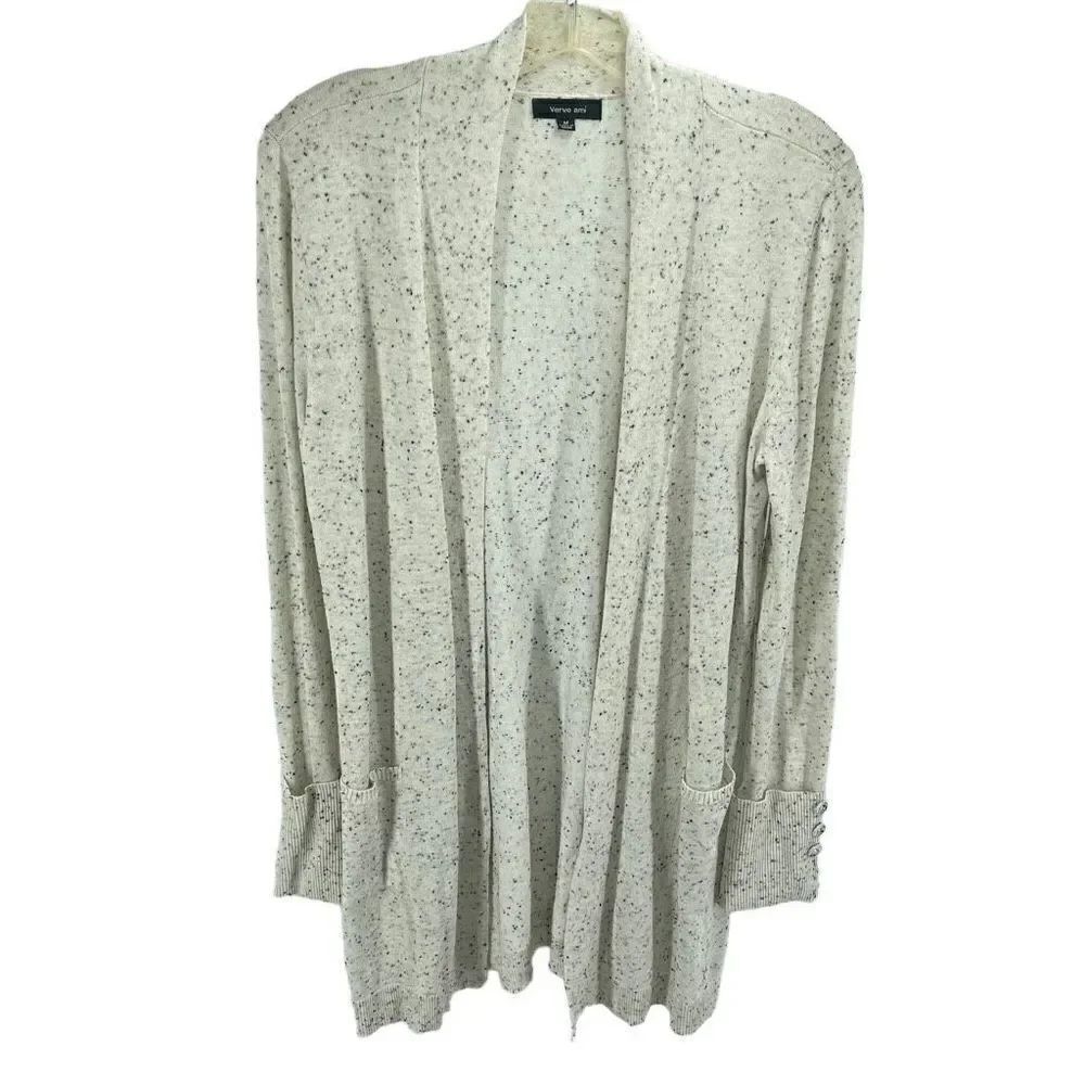 Verve Ami Womens Cardigan Sweater Open Front Long Sleeve Black White Size Medium